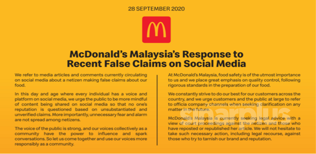 Gambar tular tidak sahih, McDonald's tidak teragak-agak ambil tindakan undang-undang